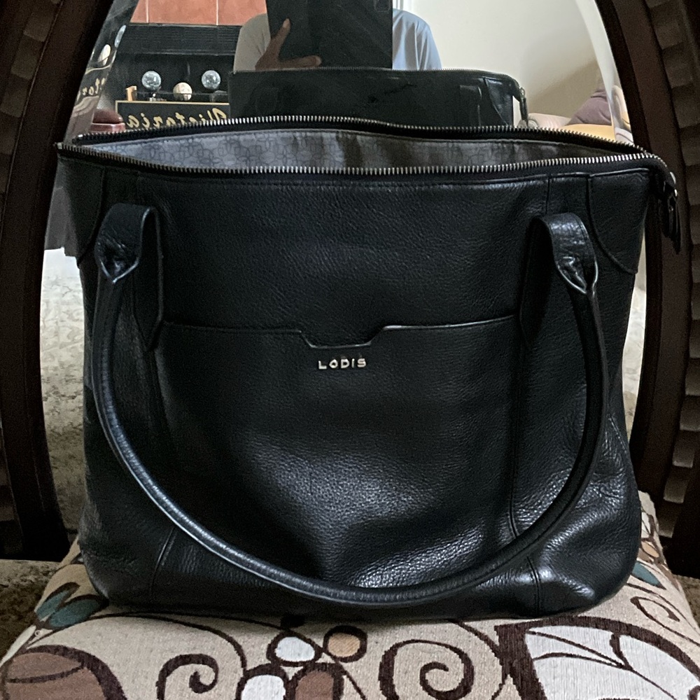 Lodis Black Pebbled Leather Tote with Front Pocket